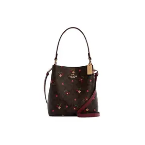 Coach Town 22 Classic Monogram Heart Floral Canvas and Leather Bucket Bag for Women, Small, Brown and Burgundy