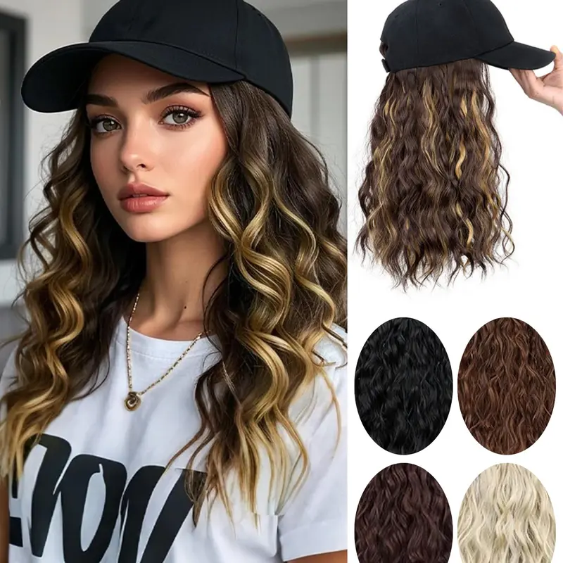Synthetic Fiber Wigs Women Baseball Cap Integrated Medium-Length Ripple Baseball Hat Headband, Stylish and Comfortable Hair Accessory, Fashion Wig, Synthetic Curly Wigs