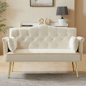 55" Modern Velvet Loveseat Sofa with Gold Metal Legs & Side Pockets, Mini Room Couch with Tufted Backrest, Perfect for Living Room, Bedroom or Office (Cream White)