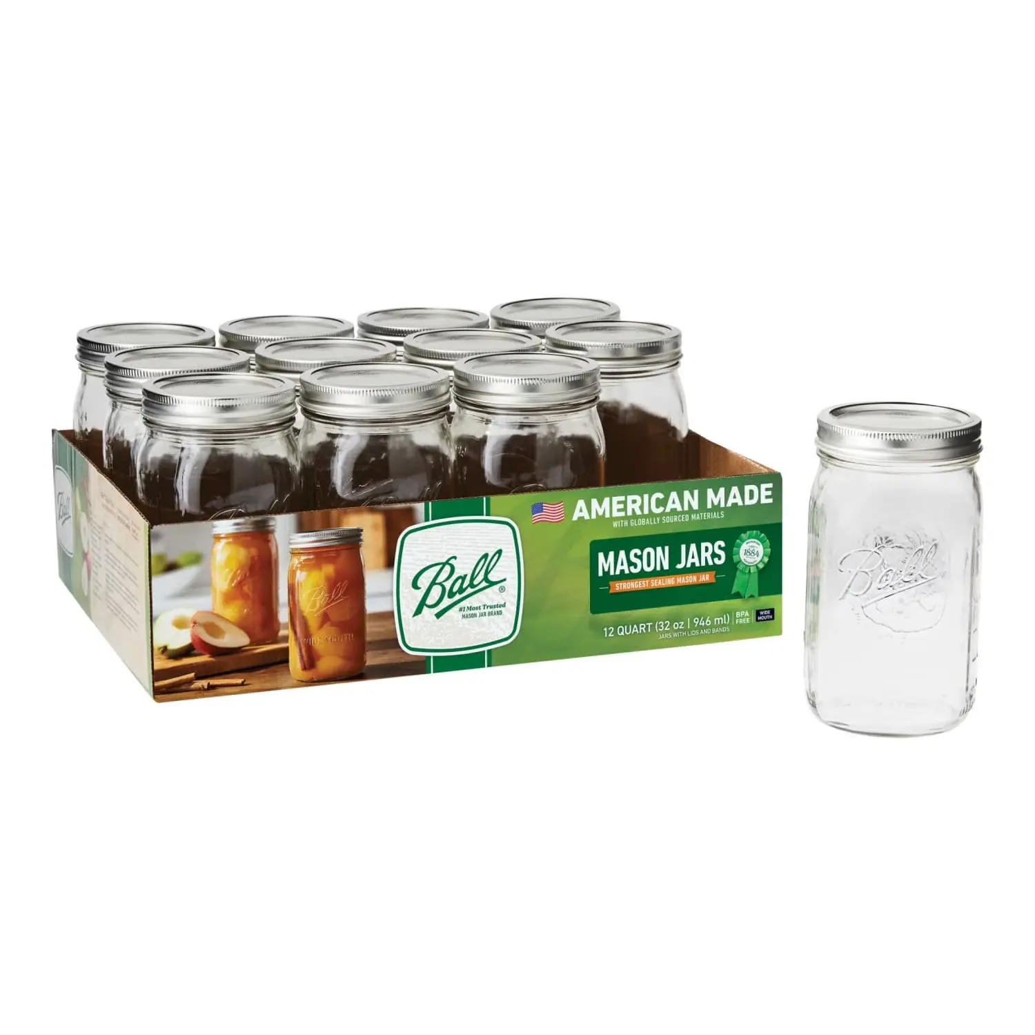 12-Pack 32 oz Wide Mouth Glass Mason Jars with Lids and Bands, 1 qt Canning Jars for Food Storage and Pantry Organization
