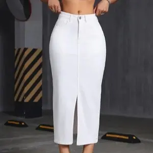 JUNBAOSS Women's Slim Mid-Waist Button-Down Midi Denim A-Line Skirt - Fitted Minimalist Basic, Stretch Elastic Hip, Side Slit, Comfortable, Pocket, Machine Washable, Casual Streetwear Elegant for Fall