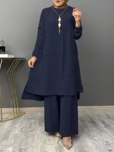 Women's Casual Solid Color Set, Round Neck Long Sleeve Hoodie + High Waist Straight Leg Pants, Perfect for Daily Commuting