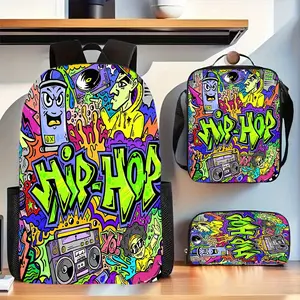 3-piece art graffiti-themed unisex backpack set, including a backpack, pencil case, and lunch box, featuring cool handle prints, a large-capacity laptop backpack, perfect for daily commuting, and a perfect gift for family and friends