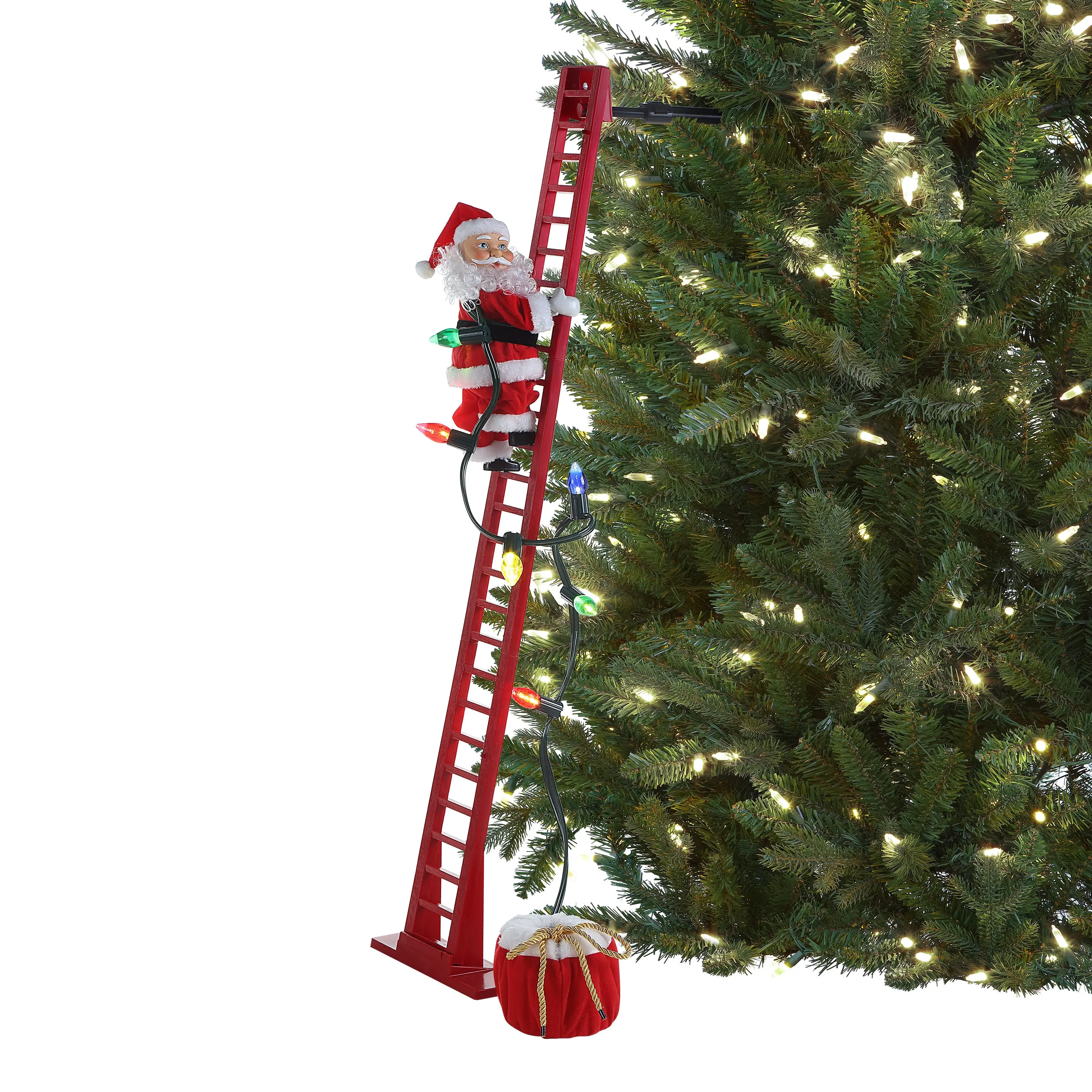 43 in. Sculpted White Santa Claus Figure Christmas Decor, Animated Christmas Light-Up Ladder Climbing Decor That Climbs Up/Down, Includes Arm Clamp