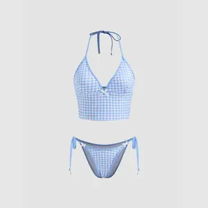 Cider V-neck Gingham Bowknot Halter Tie Side Bikini Set