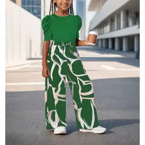 Bubble sleeve fashion simple top and floral print wide-leg pants, girls' long pants set, suitable children aged 3 and up, a perfect casual style outdoor wear