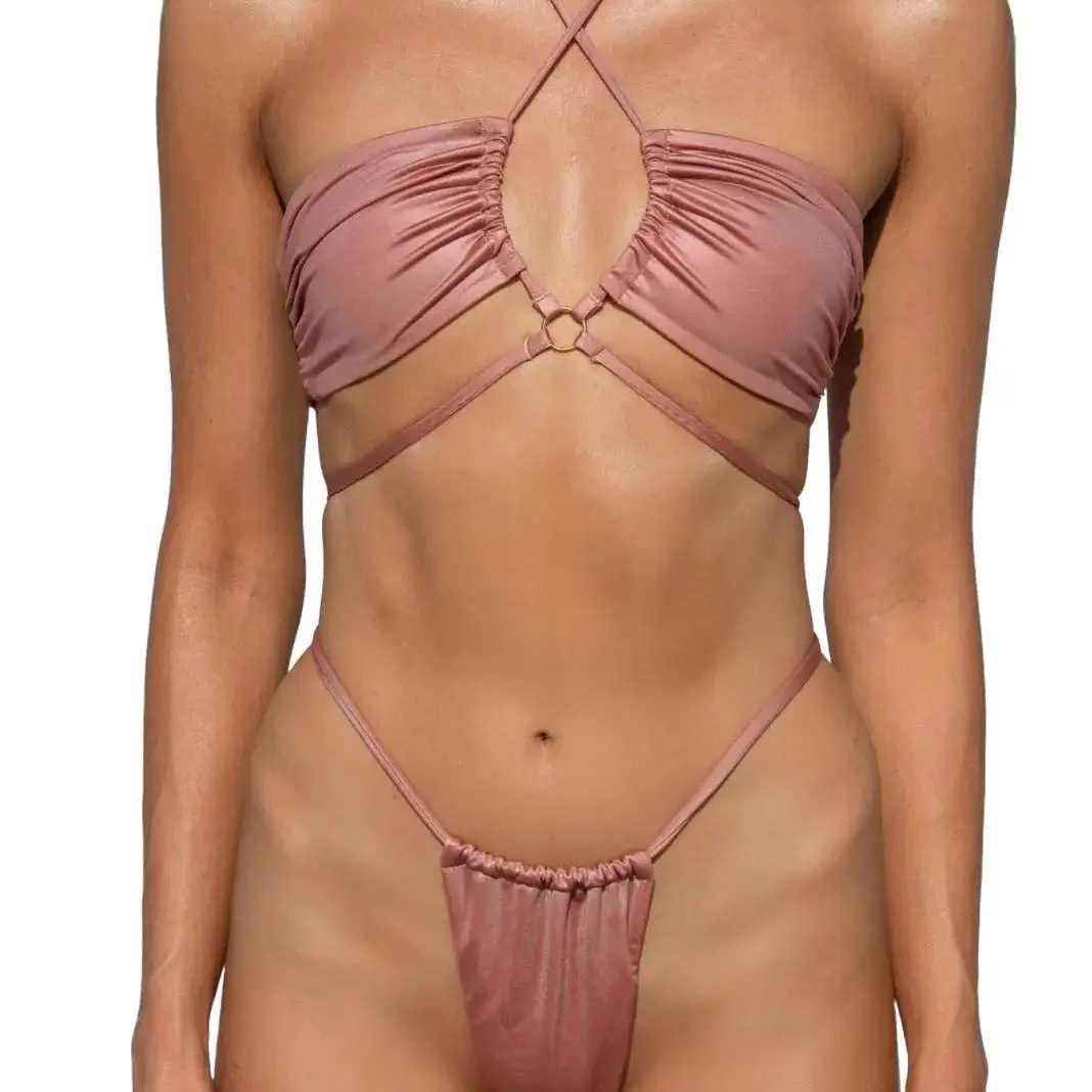 Bikini Cotton Candy Rose High-Waisted Drawstring 2 Piece with Adjustable Triangle Top and High Leg String Style Bottom