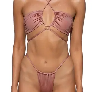 Bikini Cotton Candy Rose High-Waisted Drawstring 2 Piece with Adjustable Triangle Top and High Leg String Style Bottom