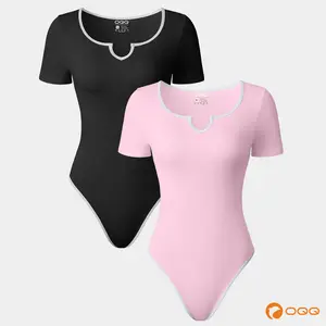 OQQfitness Womenswear Summer Sexy keyhole Contrast Binding Neckline Short Sleeve  Minimalist Basic T Shirt Bodysuit Tops