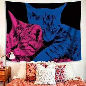 One piece of poplin tapestry featuring two cute cats in blue and pink. Suitable for living rooms, bedrooms, offices,dormitories.A gift for pet lovers for home decoration. A cat-themed wall decoration. Fashionable design, decorative tapestry. bedroom decor