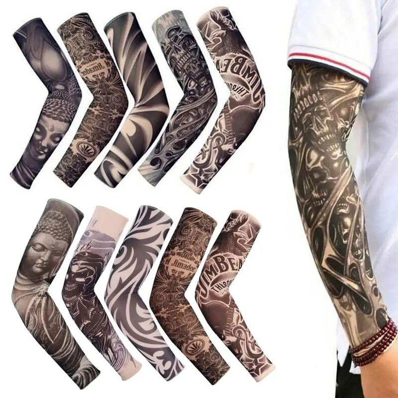 Dazone 10PCS Temporary Fake Full Arm Sleeve Tattoos Sleeves Packs - Nylon Blend Stretchable Armsleeve with Cooling Sunscreen Effect for Rock Climbing, Weeding Sports & Outdoor Gear for Men Women