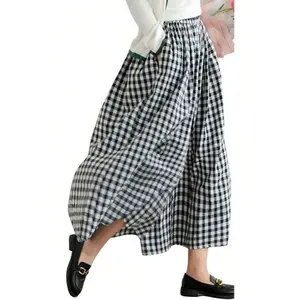 Women's Cotton Linen Pants High Waist Gingham Plaid Wide Leg Palazzo Casual Loose Fit All Seasons School Wear with Pocket Details