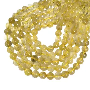 Natural Golden Rutilated Quartz Gemstone Smooth Round Loose Beads 15.5 Inches Long AAA Quality for DIY Jewelry Making Bracelet Necklace Earrings Semi Precious Stone Spacer Beads