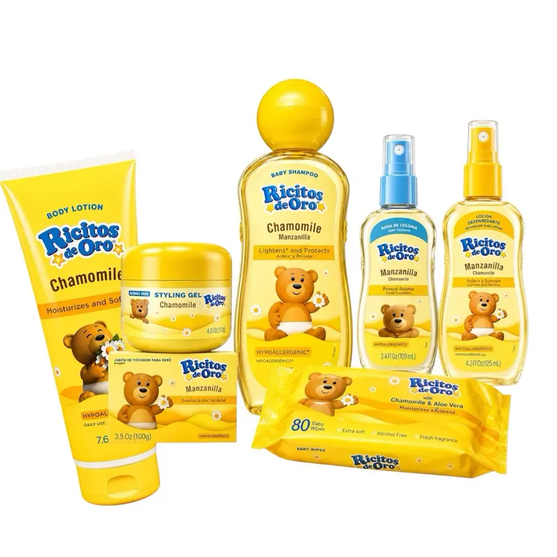 Ricitos de Oro Manzanilla COMBO- Body Lotion, Hair Gel 4 oz, Olor de Colonia 3.4 oz, Shampoo 13.5 oz, and jabon de barra 3.5oz: Manzanilla Scent! - Alcohol-Free Chamomile Extract Gel for Daily Use - Lightweight Frizz Control & Shiny Smooth Formula