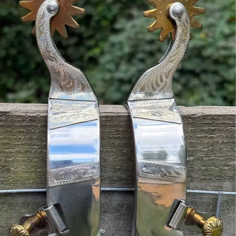 Pair Men’s Size Stainless Steel with Engraved German Silver Western Spurs