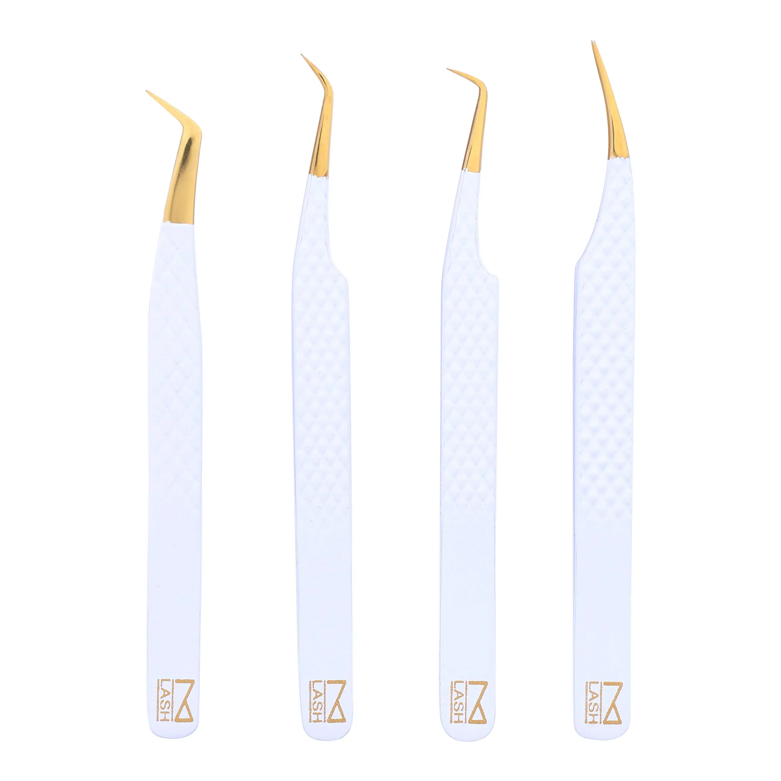 M LASH Eyelash Extension Tweezers (Set of 4) - Professional & Precision Lash Tweezers for Eyelash Extensions - Japanese Steel, Diamond Grip, Fiber Tip V3 (White)