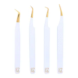 M LASH Eyelash Extension Tweezers (Set of 4) - Professional & Precision Lash Tweezers for Eyelash Extensions - Japanese Steel, Diamond Grip, Fiber Tip V3 (White)
