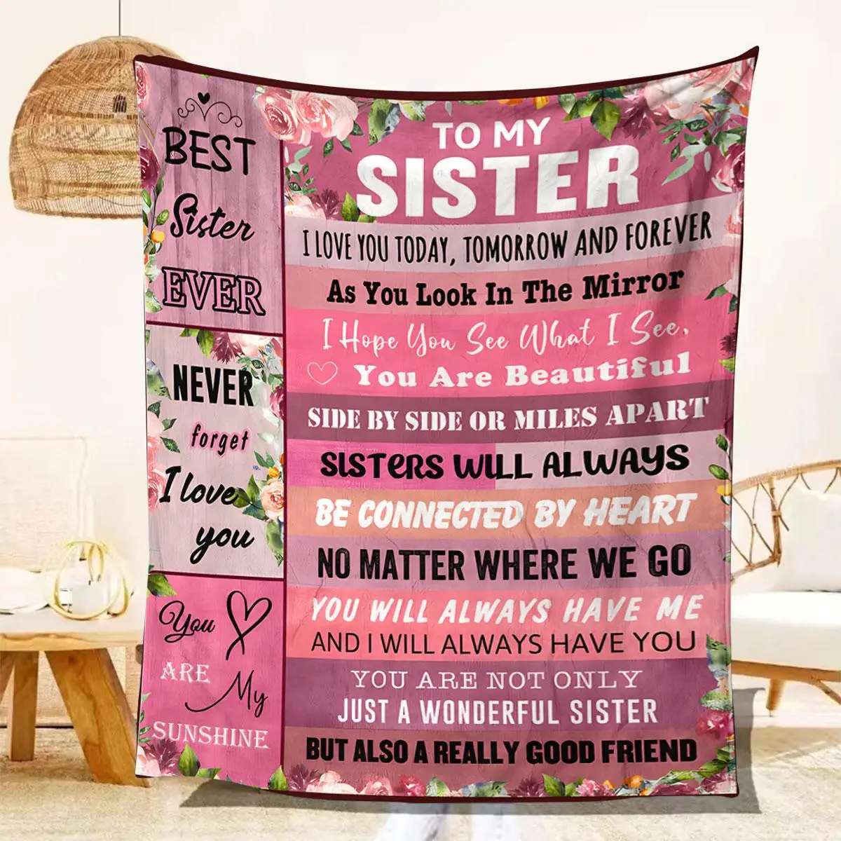 To My Sister Letter & Floral Pattern Blanket, Soft Warming Throw Blanket, Cool Bedroom Accessories, Bedroom Gadgets, Christmas Decor Napping Blanket f