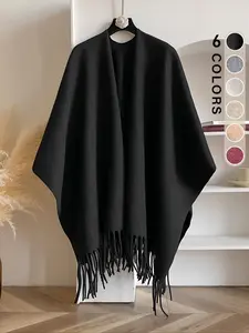 Solid Color Poncho Cape, Casual Fringe Decor Shawl for Women, Fashion Accessories for Fall & Winter Solid Color Poncho Cape, Casual Fringe Decor Shawl for Women, Fashion Accessories for Fall & Winter