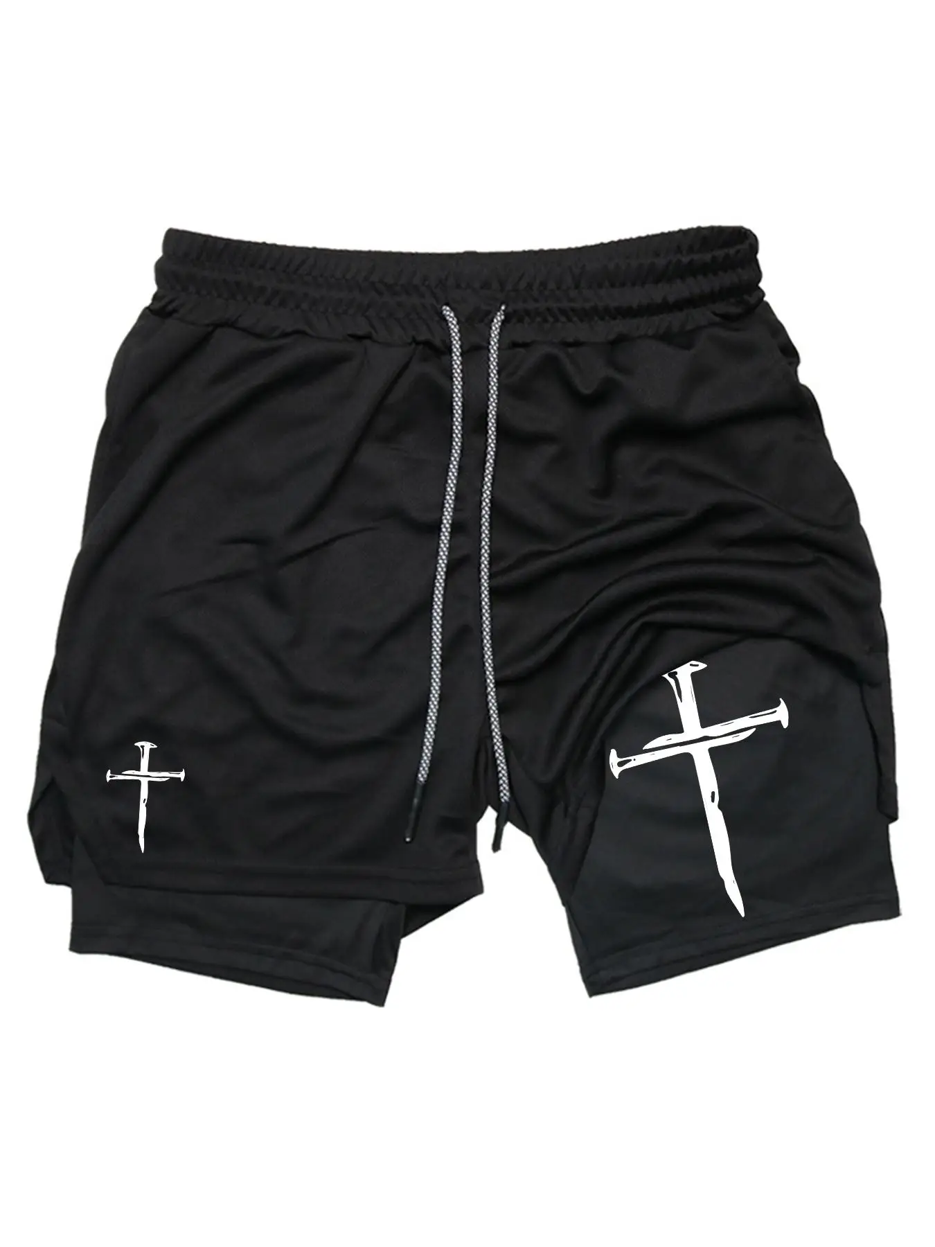 Men's Cross Print Drawstring Waist 2 in 1 Sports Shorts, Regular Fit Sporty Breathable Quick Drying Pocket Shorts, Gym Shorts, Summer Sports Bottoms f