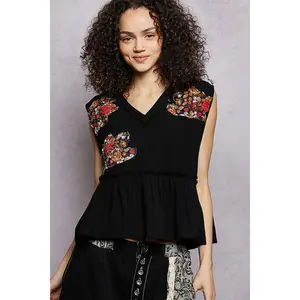 Floral Patch Ruffled Sleeveless Top – Boho Embroidered Peplum V-Neck Tank Top