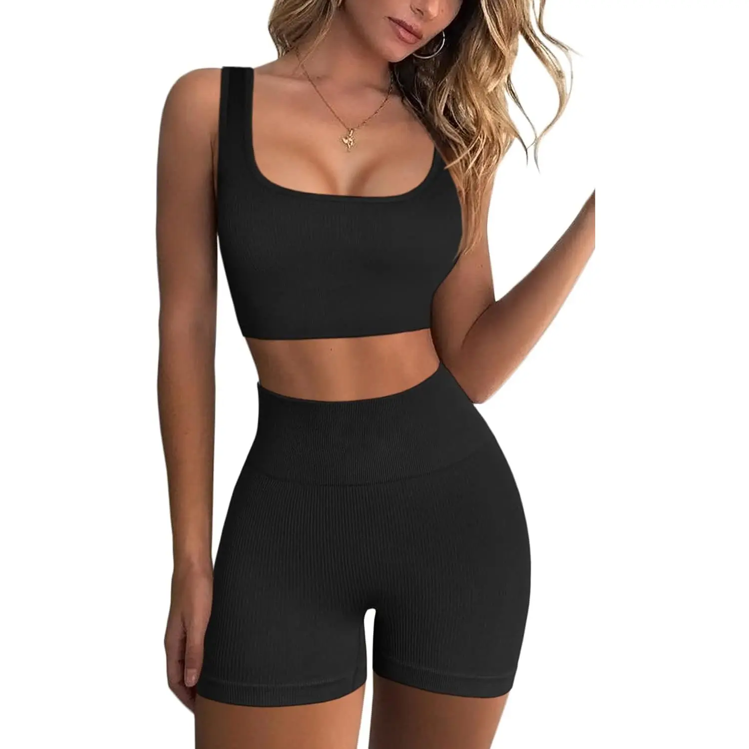 Women's 2-Piece Workout Sets, Seamless Ribbed Yoga Outfit with a Notch Neckline Crop Tank and High Waist Shorts, Breathable 4-Way Stretch Activewear, Tank Tops, Female, Sporty Chic, Quick Dry, Light Orange, Running, Sleeveless