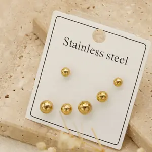 LUX-JEWEL - 3Pairs/6pcs Golden Ball Earring Advanced Design Sense Stainless Steel Round Bead Earrings for Women Fashion  Gold Color