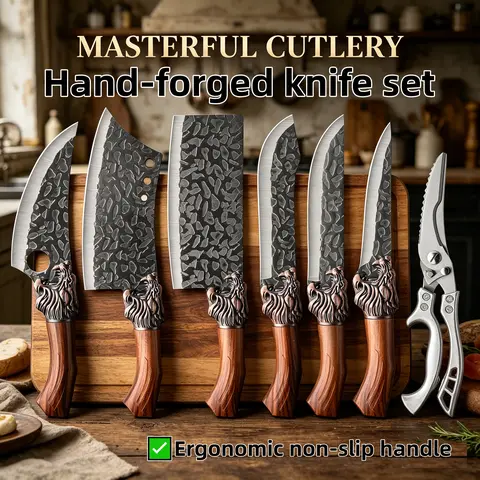 7pcs Dragon Motif Thick Handmade Stainless Steel Professional Kitchenware Set - Meat Bone Cleaver, Meat Slicer, Fish Cutting Tool, Fruit Knives, Multi-Use Scissors, Laser Engraving, Cooking Utensil, Mother's Gift