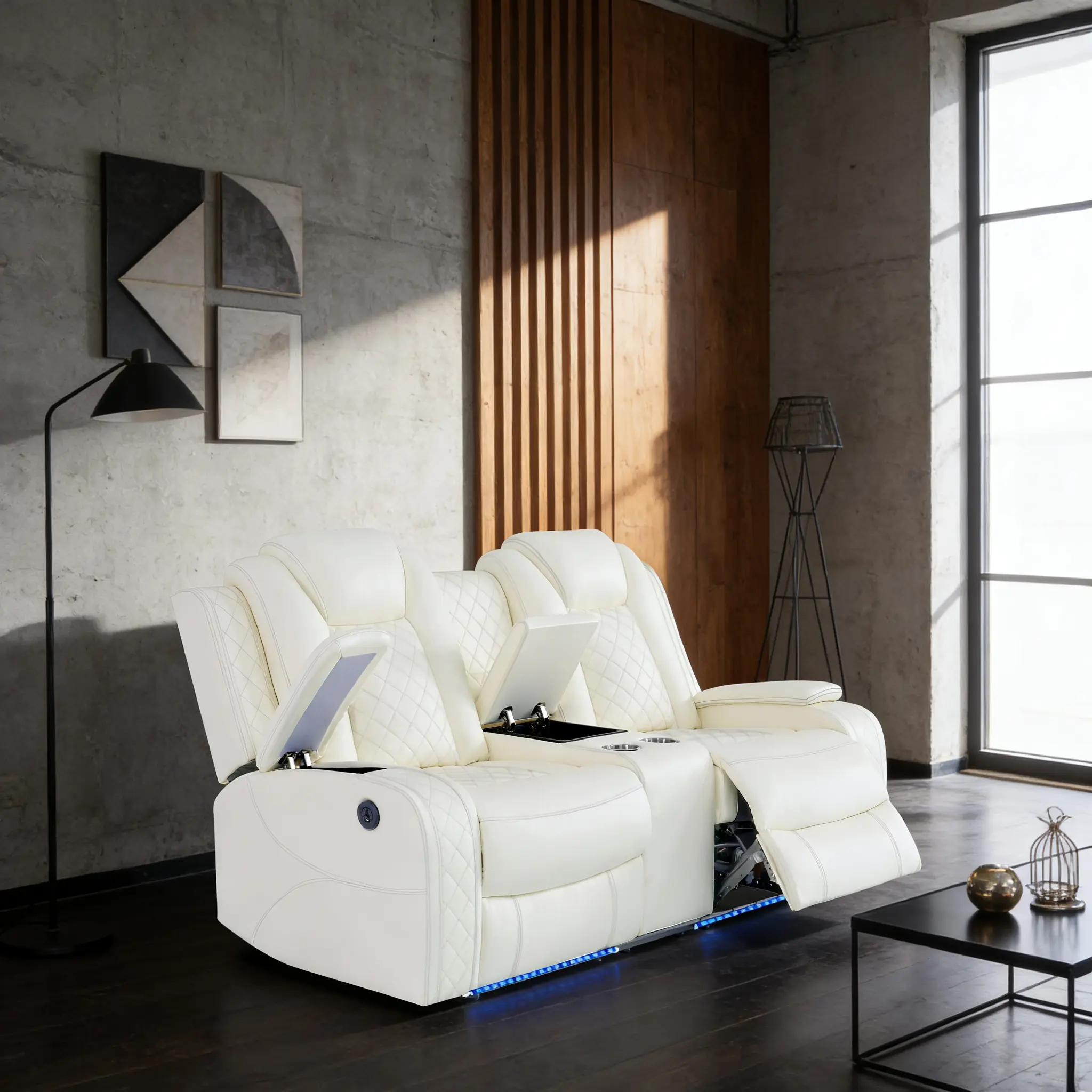 Summervibes 2-Seat White Leather Recliner Loveseat - Modern Leather Lounge Chair, Indoor Furniture Chair, Ergonomic Living Room Furniture with LED Lighting, Hidden Storage Compartment, Adjustable Seat, Modern Lounge Chair