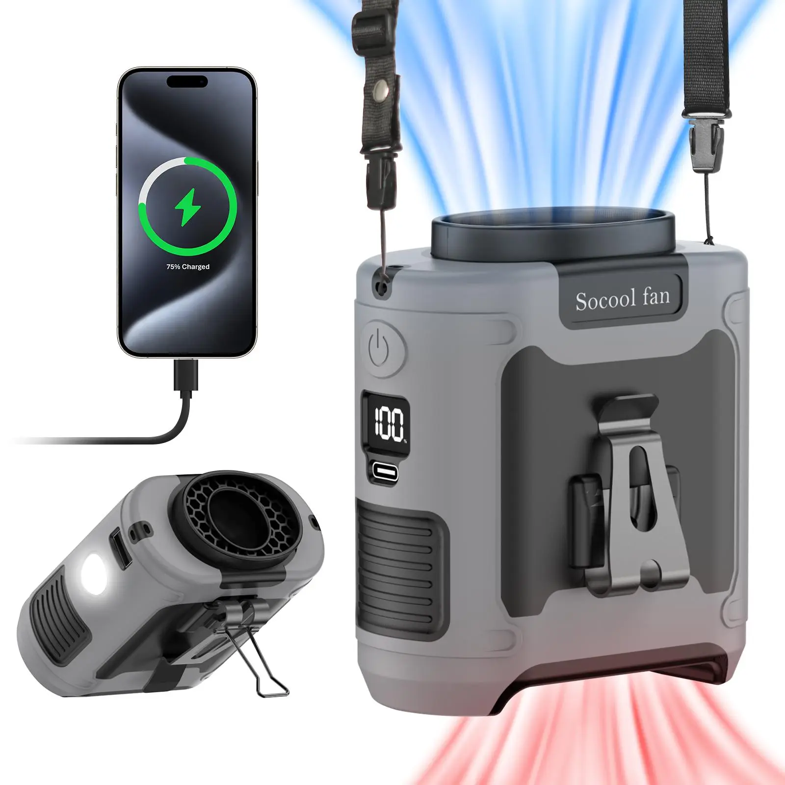 SOCOOL FAN 10000mAh Power Bank Portable Waist Fan, 1 Count Rechargeable Clip-on Wearable Belt Personal Fan with 5 Speeds & Flashlight for Outdoor Camp