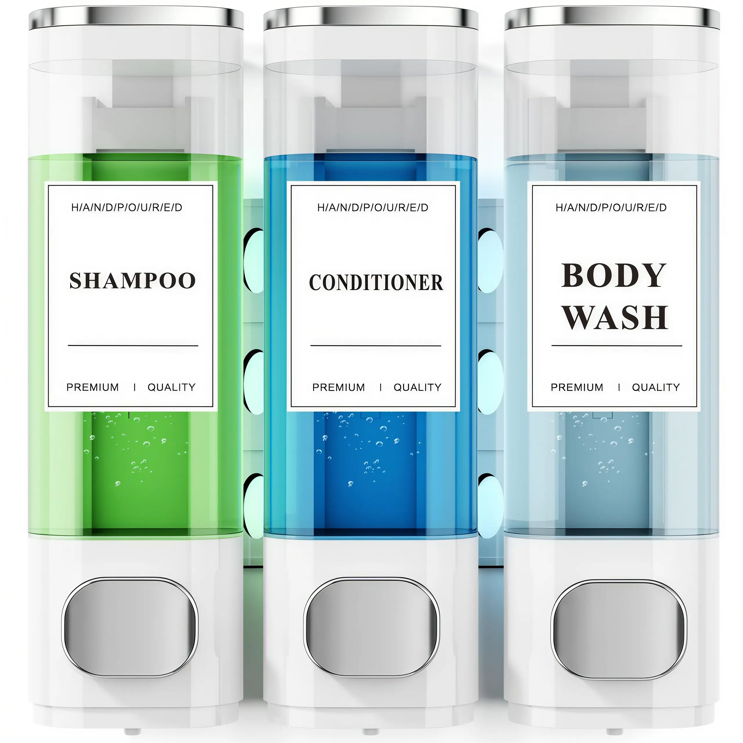 LMMAKE 1SET Wall-Mounted No-Drill Shower Soap Dispensers, 3×300ml Silver Shampoo & Conditioner Dispensers with Labels, Suitable for Bathrooms & Hotels