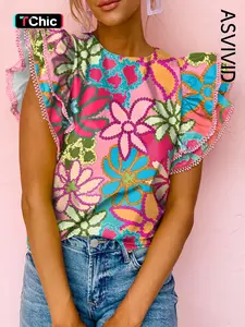 Floral Print Fly Sleeve Ruffle Round Neck Tee