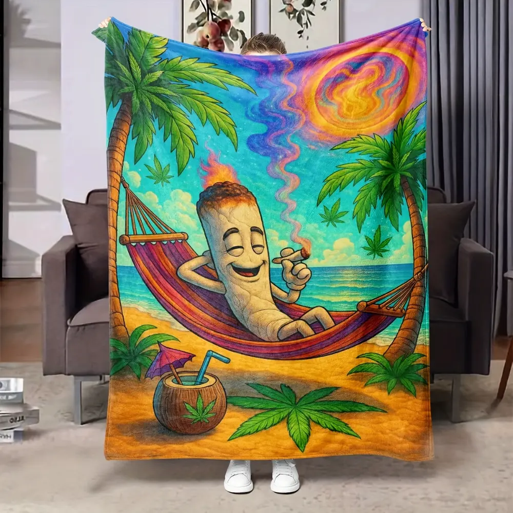 Funny Cannabis Beach Blanket with Weed Leaf Tropical Design, Soft Flannel Fleece Throw Blanket for Couch Sofa Bed, Stoner Aesthetic Home Decor, Marijuana Leaf Summer Blanket, 420 Gift for Weed Lovers, Psychedelic Island Style Room Decoration