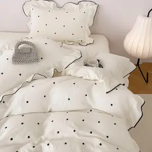 Queen Size Polka Dot Duvet Cover Beige 3 Pcs(1 Duvet Cover with 2 Pillowcases),Soft Brushed Washed All Comforter Covers with Ruffles,Queen Bedding Set for Teen Girls 90"*90"