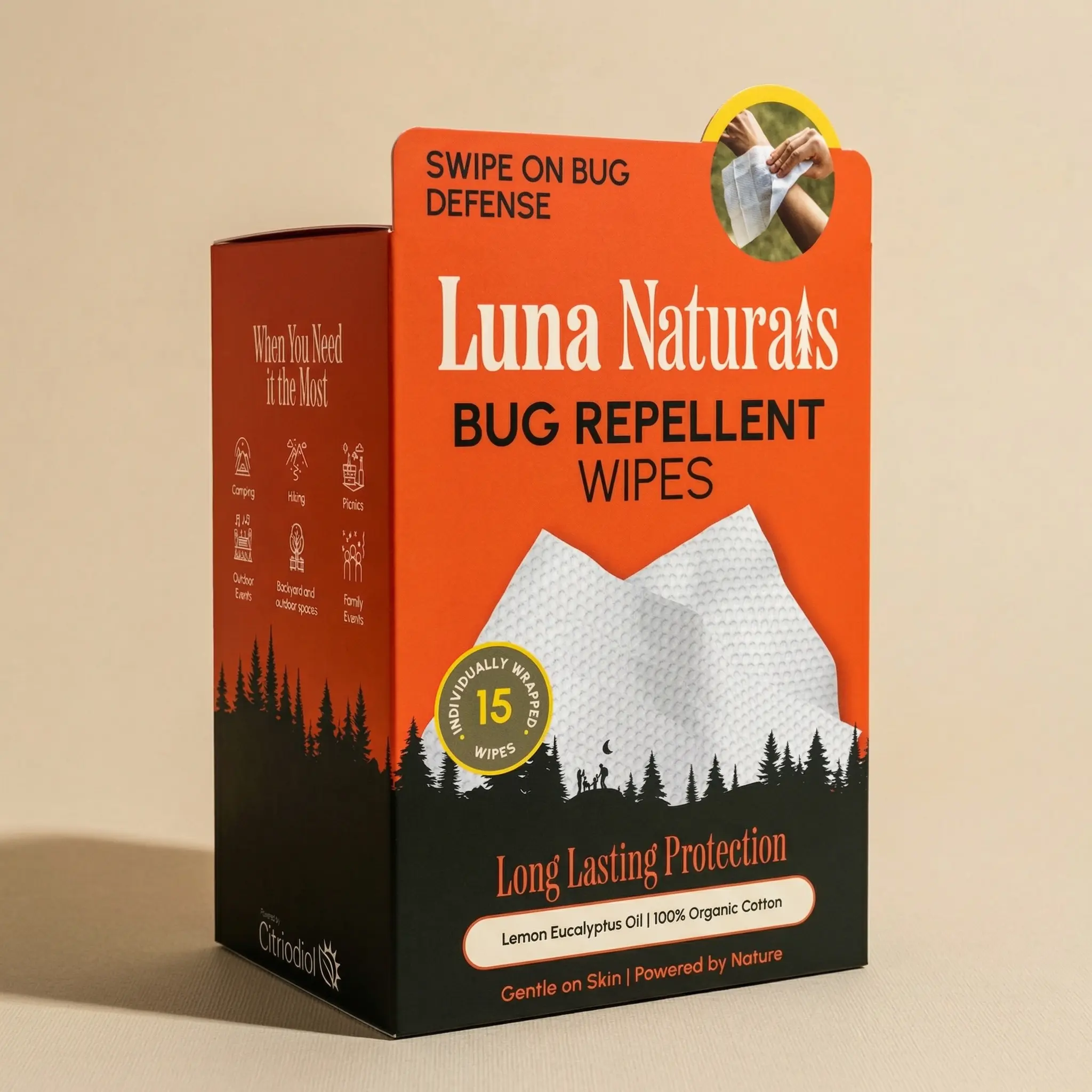 Luna Naturals Bug Repellent Wipes – 15 Individually Wrapped Wipes | Lemon Eucalyptus Oil, 100% Organic Cotton