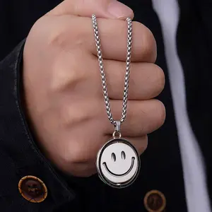 Smile Mood Face Rotatable Pendant For Men Stainless Steel Fidget Anxiety Spinner Necklace Hip Hop Punk Sweater Chain Homme Gift