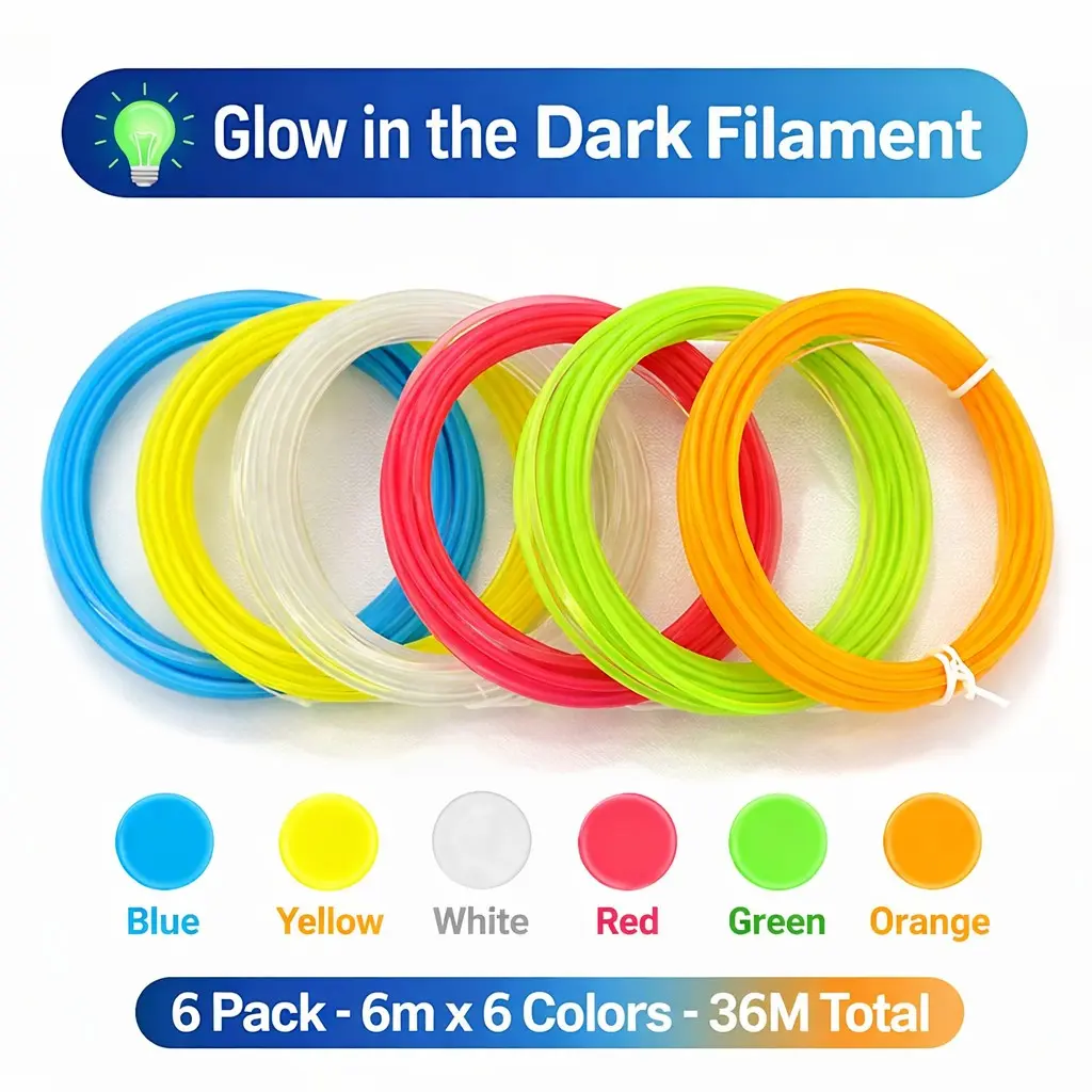 Filajoy Kids 3D Pen Glow Pla Filament Pack, 1.75mm 6 Rolls X 6m Total 36m, Long Lasting Fluorescent Effect, No Clogging, DIY & Holiday Gifts
