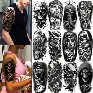 12 Sheets Gothic Dark Aesthetic Fake Tattoo Style Temporary Tattoos for Men - Waterproof, Removable Half-Sleeve Stickers with Skull, Owl, Samurai, Religious Symbols, Ghoulish Glam for Halloween Body Art, Ghoulish Glam Temporary Tattoos