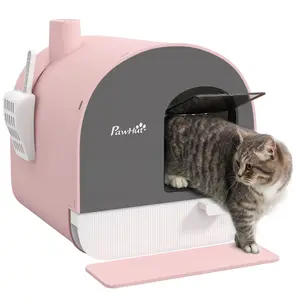 Enclosed Cap-Style Pink Cat Litter Enclosure, Includes Tray, Scoop & Deodorizing Filter, 17"×17"×18.5" Dimensions, Functional Pet Supply for Kittens & Cats