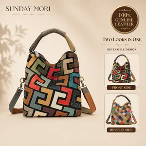 Sunday Mori Women’s Reversible Genuine Cowhide Tote, Colorblock Geometric-Abstract Patches, Multi-Straps Design, Folds Flat, Crossbody Strap Included for Work/Travel Use