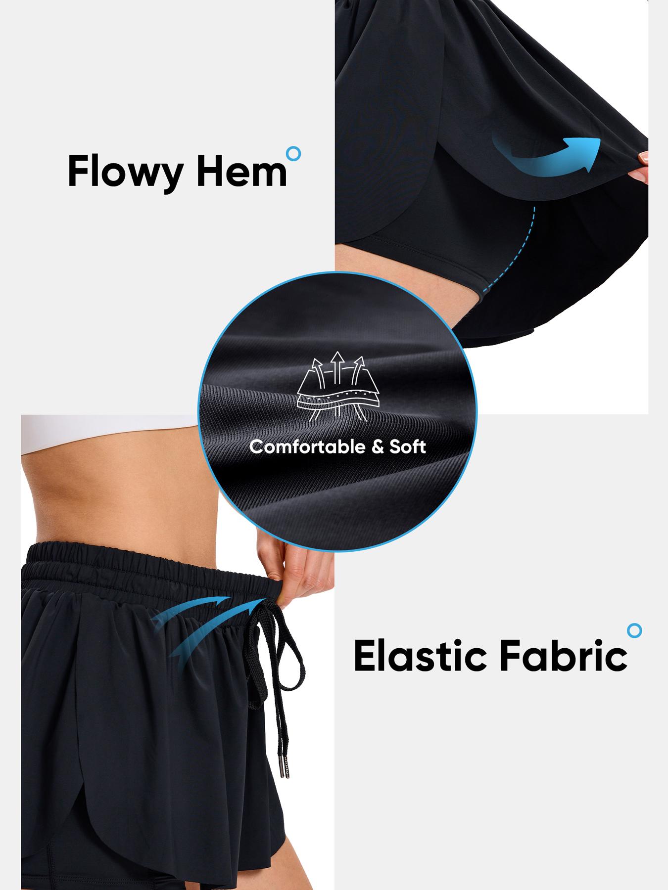 Women's 2-in-1 Flowy Athletic Skort, High Waist Tummy Control Tennis Shorts with Pockets, Elastic Drawstring Running Shorts for Gym Workout Casual Summer