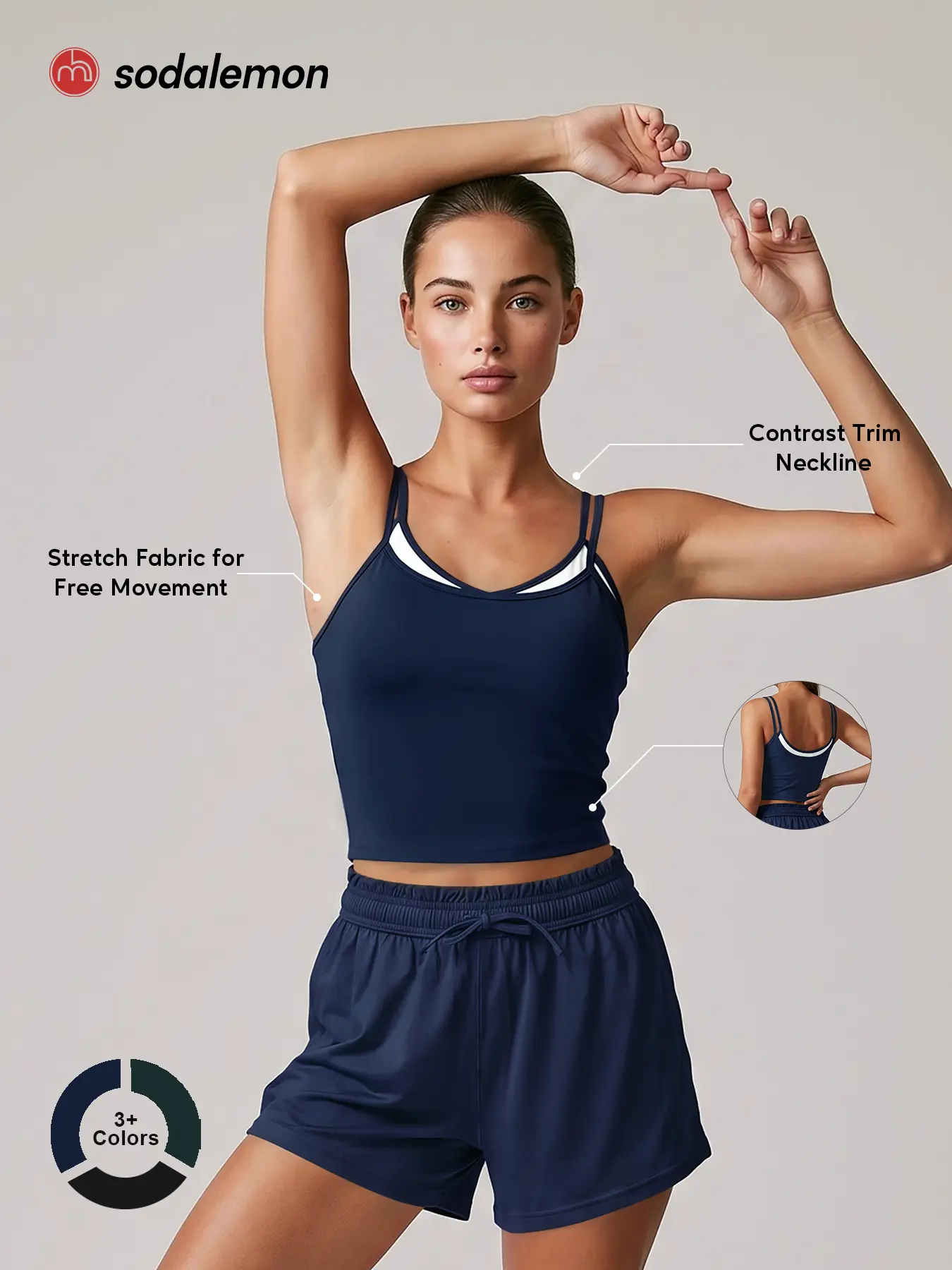 Women 2 Pcs Set Contrast Layer Double-Strap Cami Tank Top and Drawstring Waist Athletic Shorts, Casual Activewear Outfit