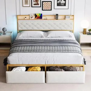 【GARVEE】King Bed Frame with RGB LED Lights Headboard & 2 Storage Drawers, Storage Headboard, Upholstered Platform Bed with USB Ports & Outlets, Noise Free, No Box Spring Needed, Whitey