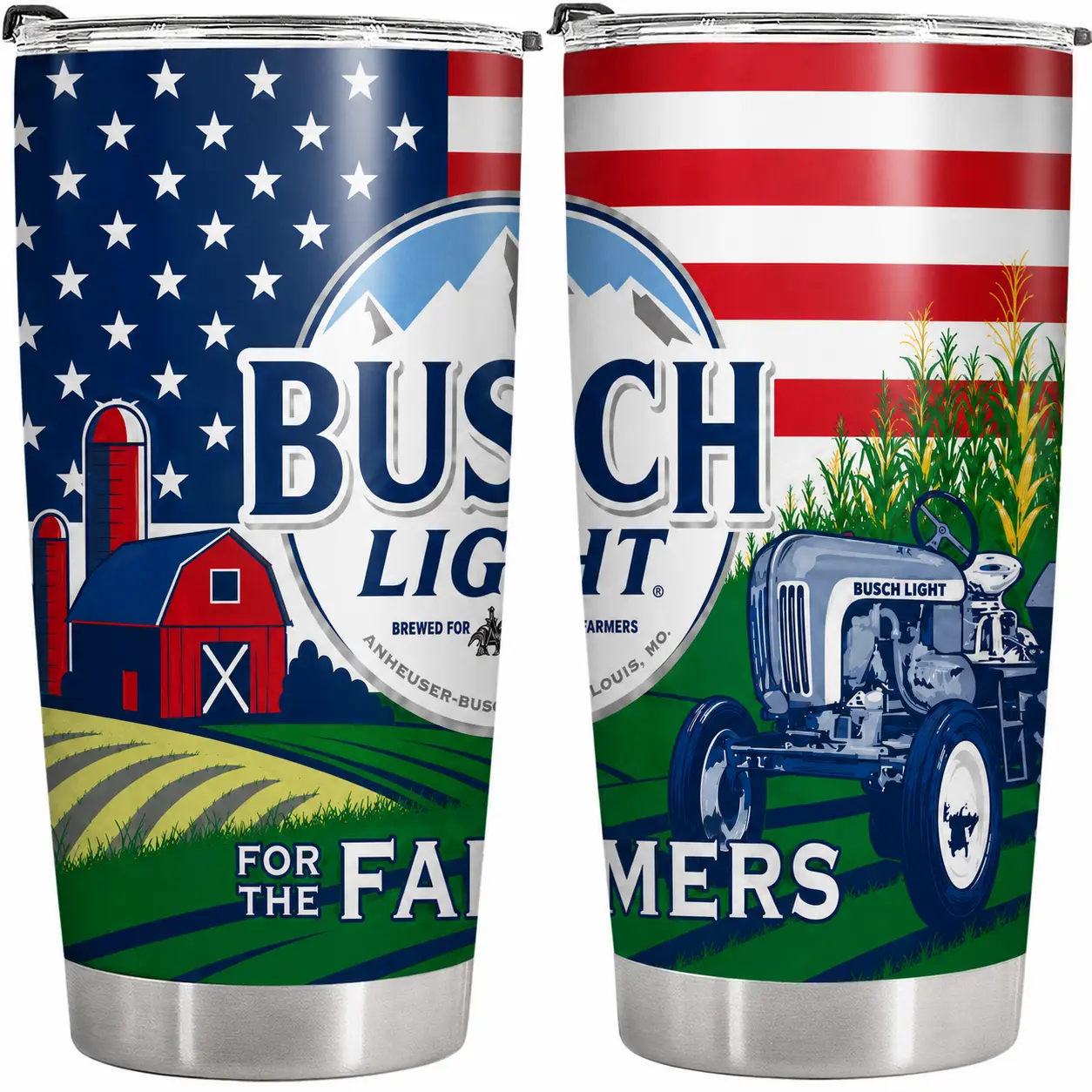Busch Light For The Farmers Tumbler, Patriotic American Farm Tractor Stainless Steel Cup, Country Beer Drinkware, Rural Farmer Gift for Men and Women