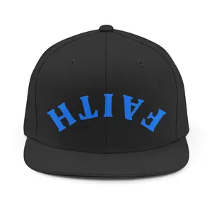 Faith arch logo Snapback Hat | Blue lettering on black cap