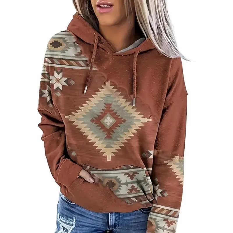 Women's Western Ethnic Style Print Aztec Hoodie Pullover Cowgirl Rhombus Printed Hooded Sweatshirt Women's Western Ethnic Style Print Aztec Hoodie Pullover Cowgirl Rhombus Printed Hooded Sweatshirt