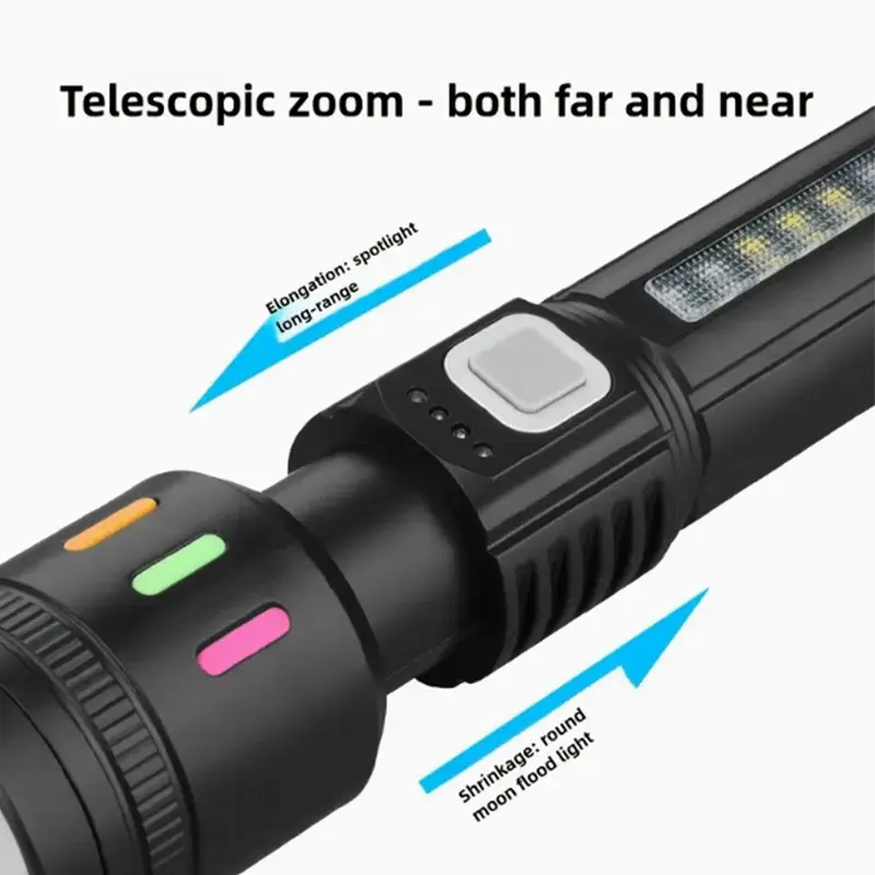 Multi-Light Modern Torch, Super Bright 5-Mode Zoomable Device with COB Side Illumination, Type-C Fast Charging, Real-Time Battery Indicator, Long-Range Beam, Ideal for Outdoor Camping, Emergency Use, Multi-Light Torch Lights, Modern Torch Lights