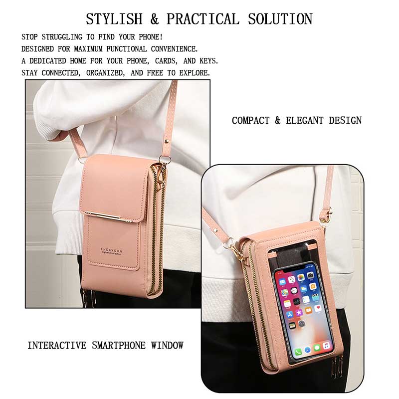 Touchscreen Sensitive Phone Bag with Multi-Color Options, No Need to Take Phone Out, Clear Window Crossbody Purse, 3 Card Slots & Secure Dual Zipper Wallet