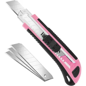 Box Cutter, Box Cutter Retractable Self Loading, Heavy Duty Utility Knife, 18mm-Wide Blade Knife, Box Opener Tool with Rubber Handle, Retractable Paper Exacto Knife, Pink