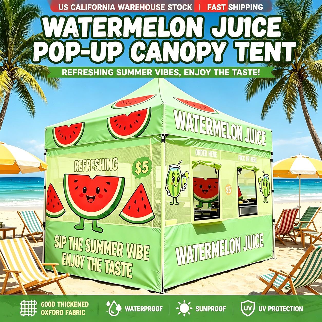 3x3m Watermelon Juice Vendor Booth Tent, 600D Oxford Adjustable Height Frame Commercial Canopy with Dual-Window Service Layout for Summer Markets Outdoor Accessory
